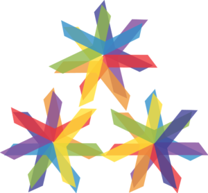 Three multicolor asterisk marks arranged in a triangle